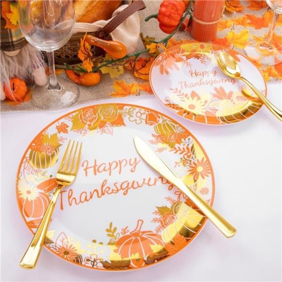 150Pcs Thanksgiving Plastic Plates, Dinnerware Sets with Maple Leaf Design - Picture 6 of 6